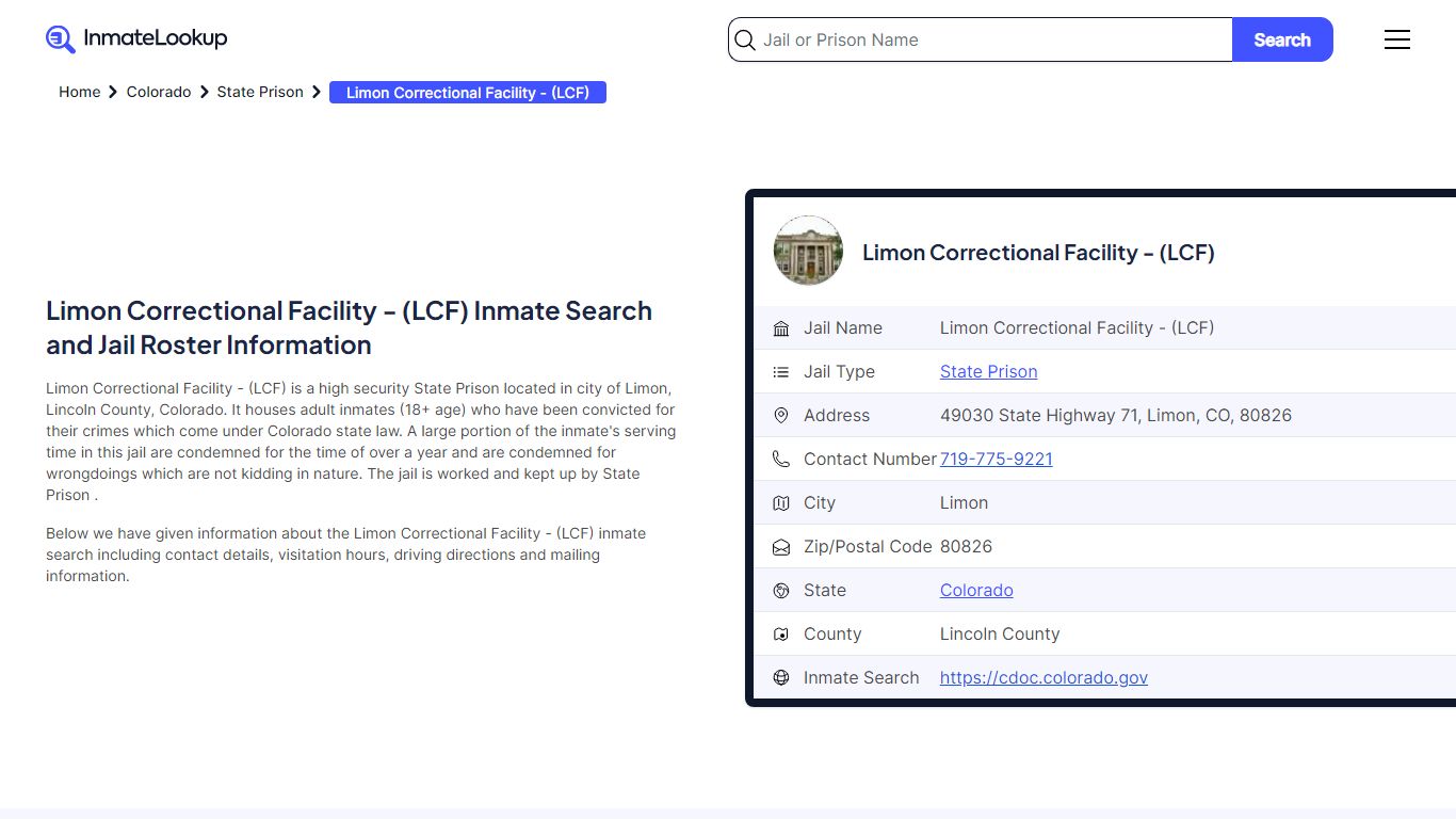 Limon Correctional Facility - (LCF) Inmate Search, Jail Roster ...
